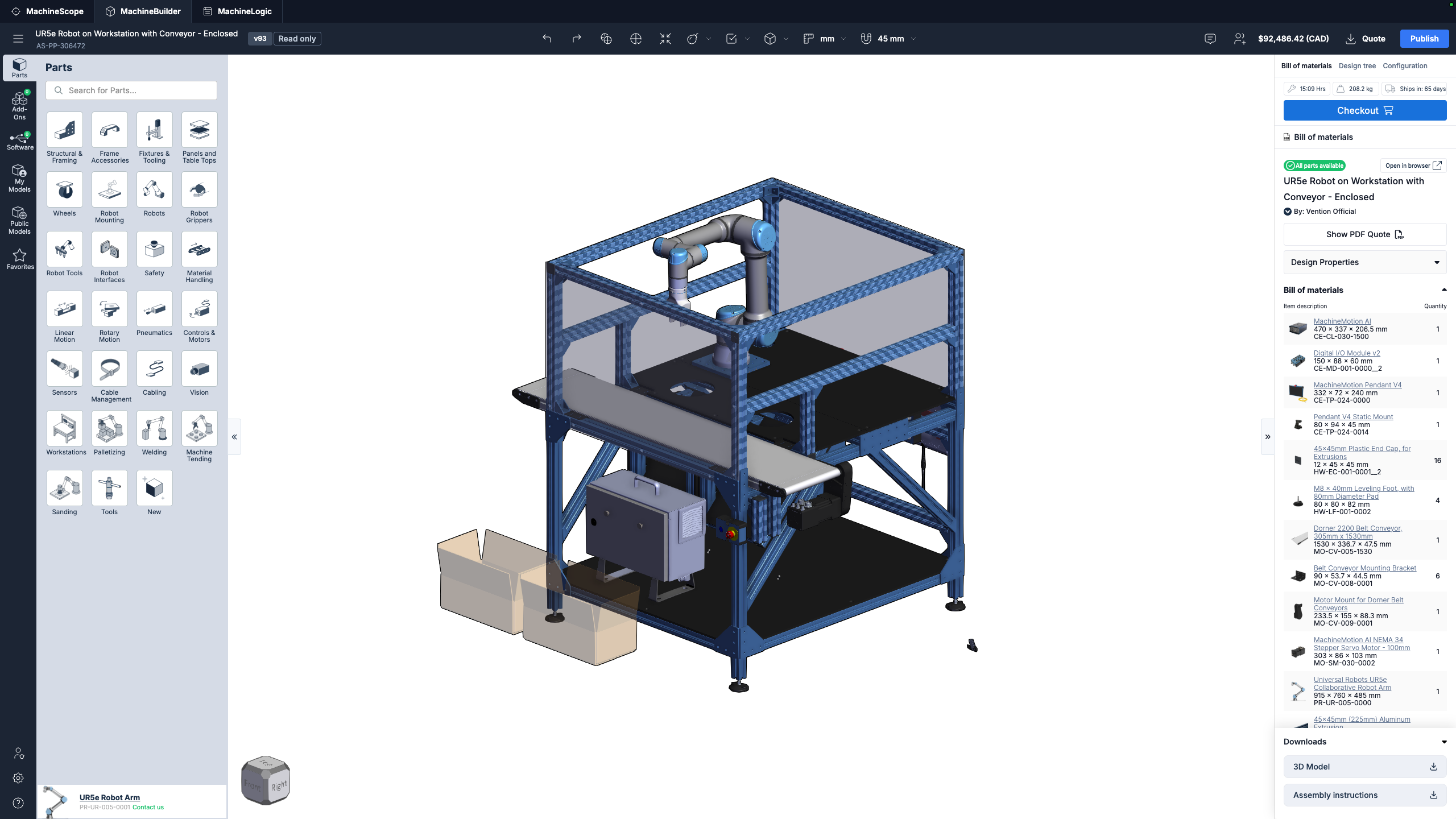 3D model of a workstation with a robot arm and conveyor system for automation.
